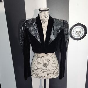 Vintage Black Velvet Sequin-Shoulder Cropped Blazer